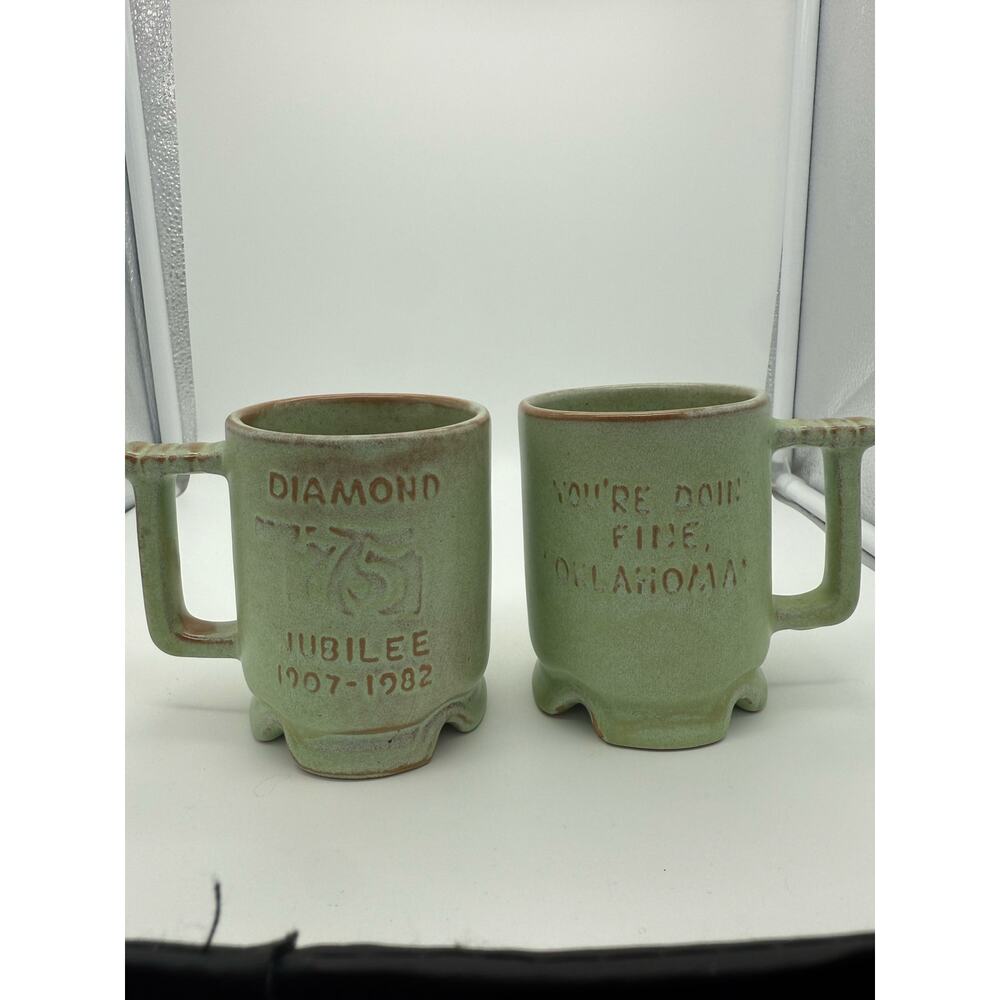 Frankoma Pottery Prairie Green Coffee Mug Diamond Jubilee 75th Aniv Oklahoma TWO